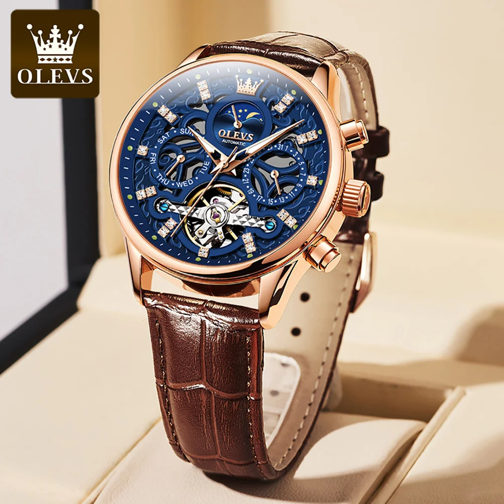 Olevs 6658 Orologio Meccanico Di Lusso Con Diamanti Per Uomo Orologio Da Polso Impermeabile Moonswatch Con Volano Cavo Automatico Orologi Da Polso Da 