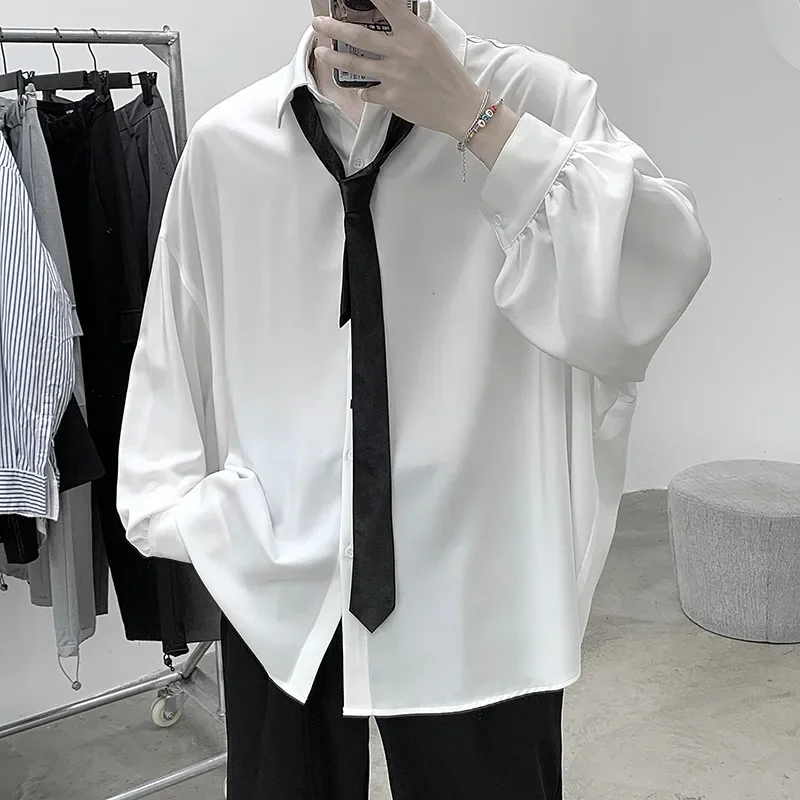 

Рубашка мужская с длинным рукавом и галстуком, Повседневная Свободная однобортная Удобная блузка в Корейском стиле, Мужская футболка в стиле Харадзюку, черный цвет