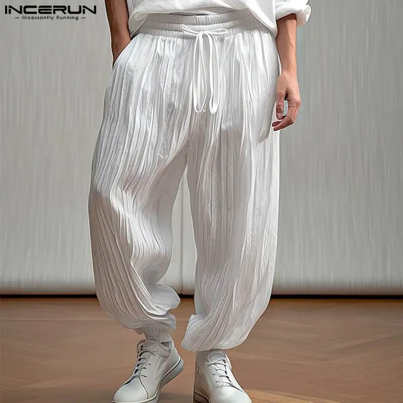 

INCERUN 2024 Korean Style New Mens Trousers Fashionable Pleated Texture Pantalons Male Solid Color Simple Drawstring Pants S-5XL