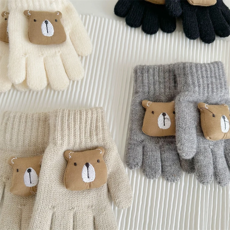 Winter Kids Knitted Gloves Cute 3D Bear Baby Mittens Thick Woolen Children Five Finger Gloves 1-4year Korean Toddler Hand Warmer 6