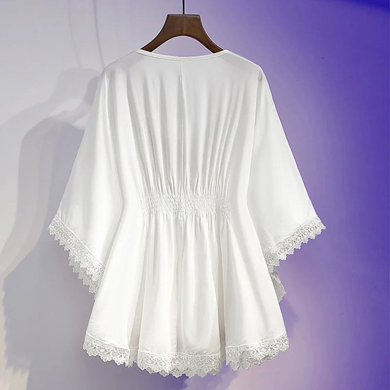 Oversized Women Top Summer New Loose Vintage Lace Tassel Lace Up Blouses Black White