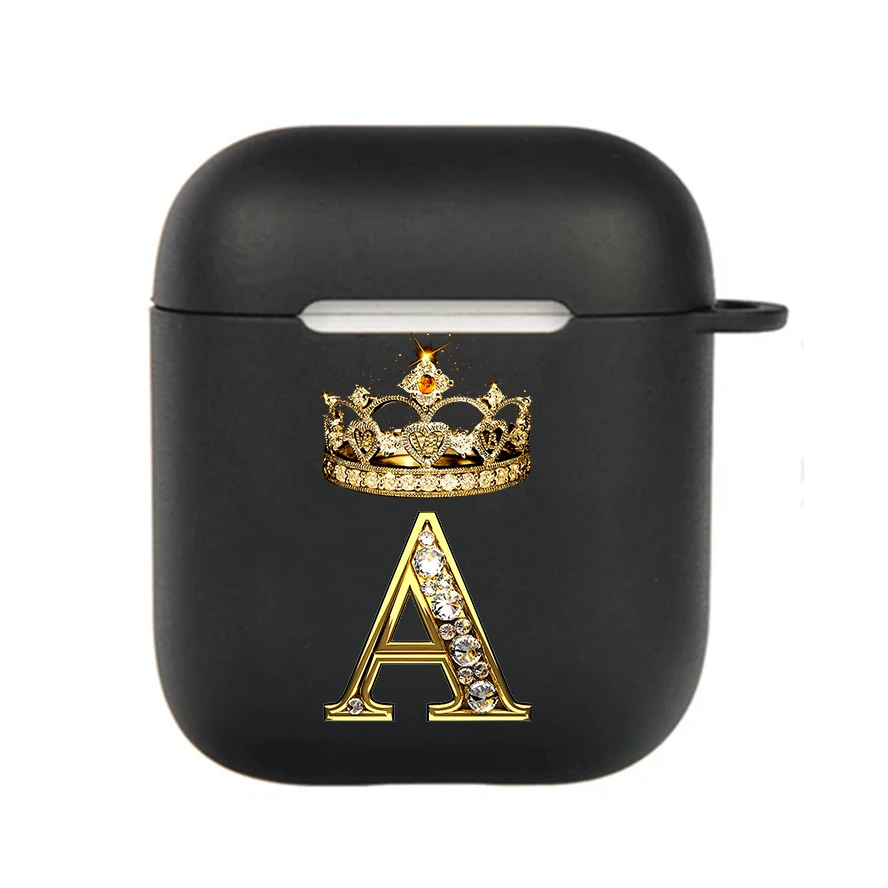 Diamond Crown Letter Hook Case - Black TPU Soft Earphone Cover
