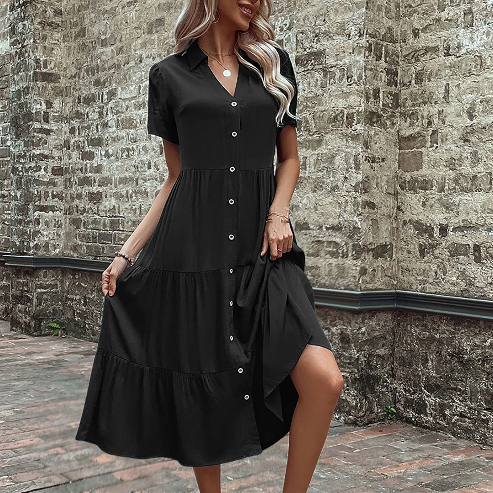 

Women Fashion Solid Casual Shirt Dress Short Sleeved Button Long Maxi Dress V Neck Loose Mid Length Summer Dresses for Women