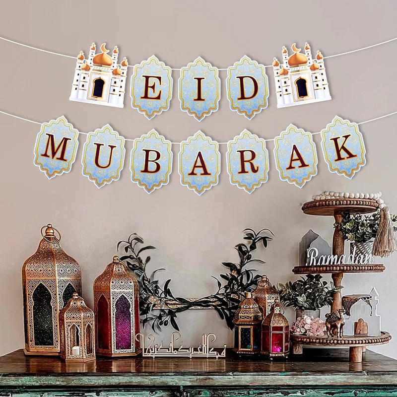 EID Mubarak Paper Banner Garland for Islamic Muslim Party Home Decoration 2025 Ramadan Kareem Hanging Ornaments Bunting Gift