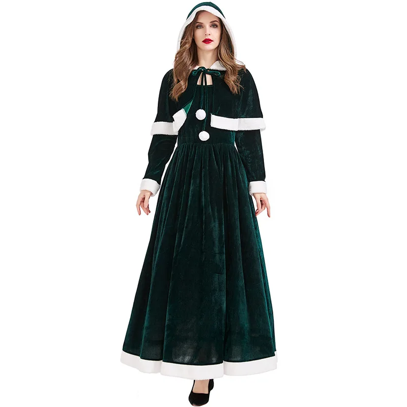 Stretch Velvet Cut Out Hooded Romper Female Santa Christmas Party Costume Dress