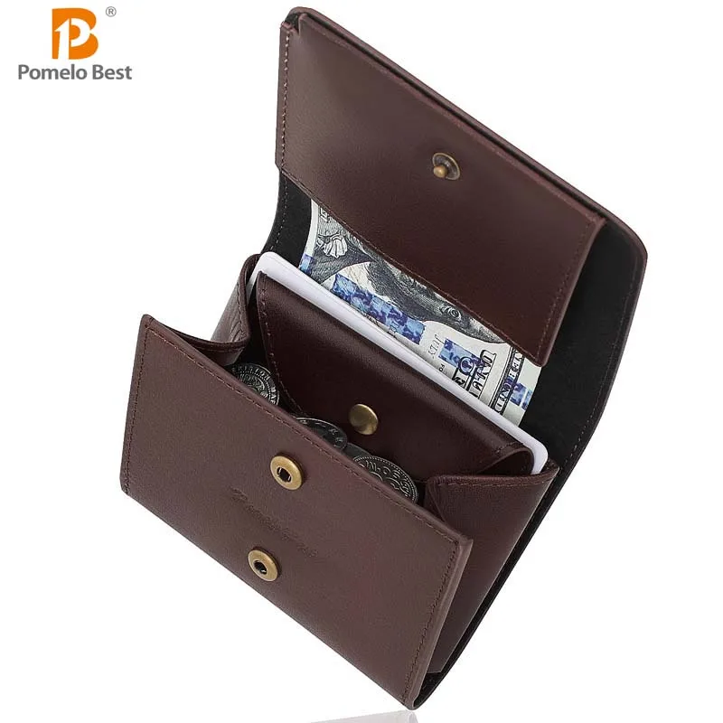 Cartera pequeña portátil para hombre hecha de cuero de grano fino Mini billetera de cuero genuino vintage con compartimento para monedas y tachuelas de prensa