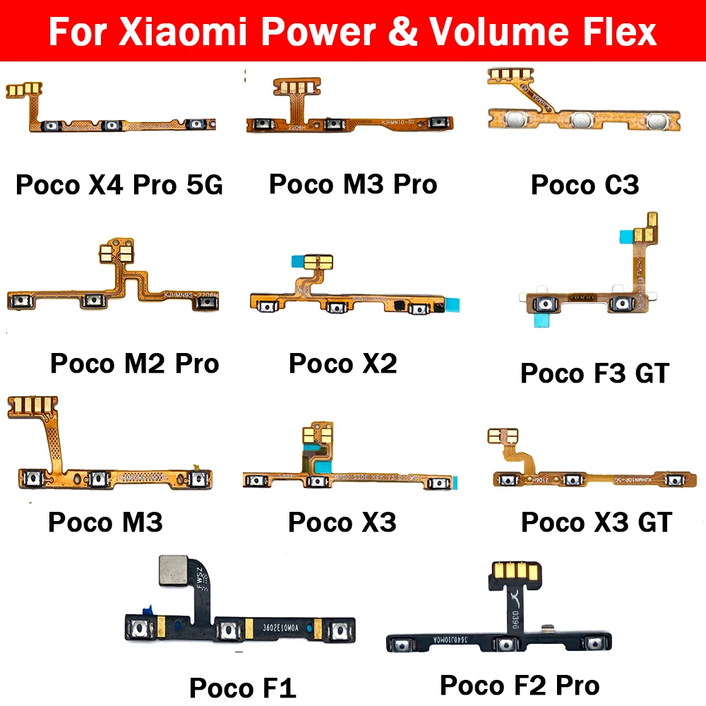 

10Pcs/Lots , Power On Off Switch Volume Key Button Flex Cable For Xiaomi Pocophone Poco F1 F3 F2 Pro X2 X3 NFC GT C3 M2 M3 Pro