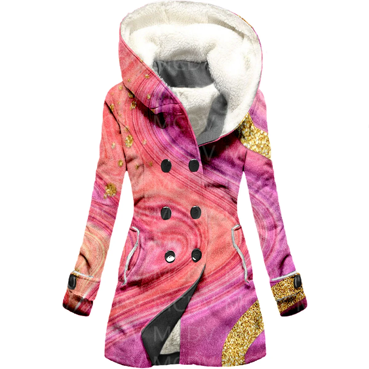 Pink Quicksand 3D Printed Fleece Hooded Cloak Women Thick Warm Coat Women's Winter Warm Overcoat