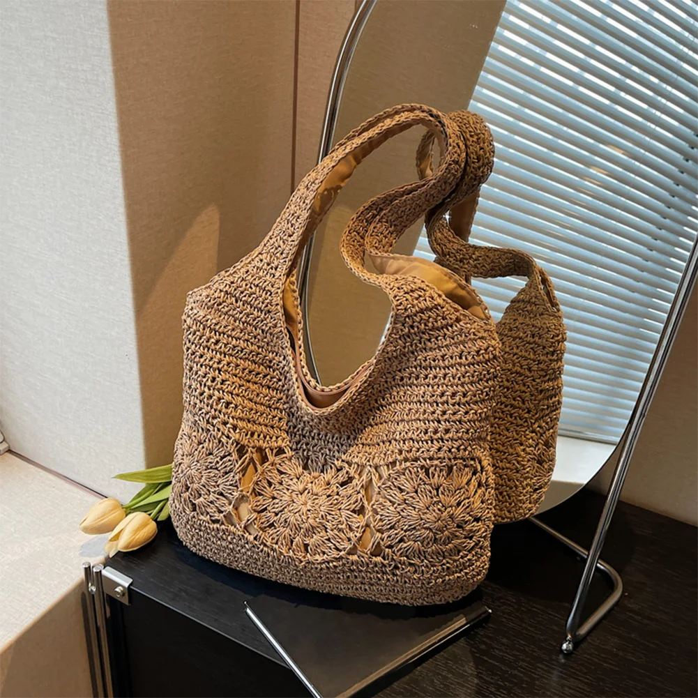 Large Summer Shoulder Bag with Zipper Woven Tote Bag Handbag Shoulder Purse for Women Travel Vacation