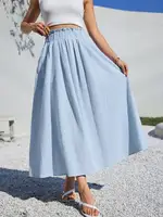 Light Blue High Waist A-Line Linen Midi Skirt for Summer Casual Wear - Image 4