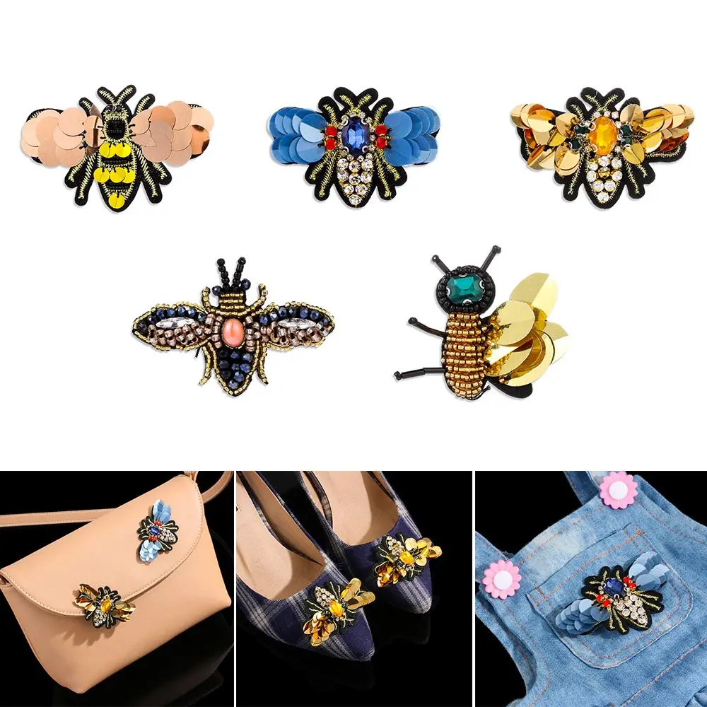 2PCS Handmade Bees Rhinestone Beaded Sequin Patches Clothes Embroidery