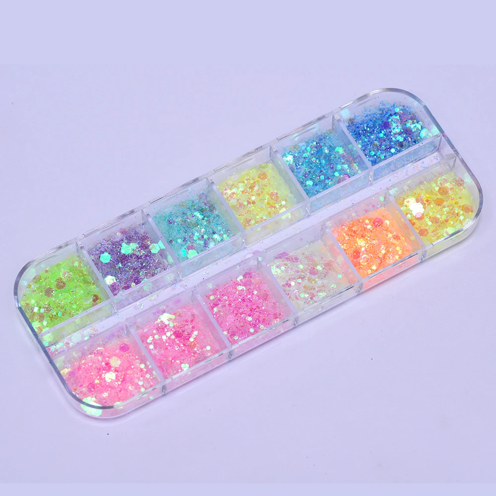 네일 아트 장식 스팽글 크리스탈, 얇은 육각형, 반짝이는 파우더, 광택제 슬라이스, DIY 매니큐어, 여러 가지 빛깔의 네일 조각, 12 그리드