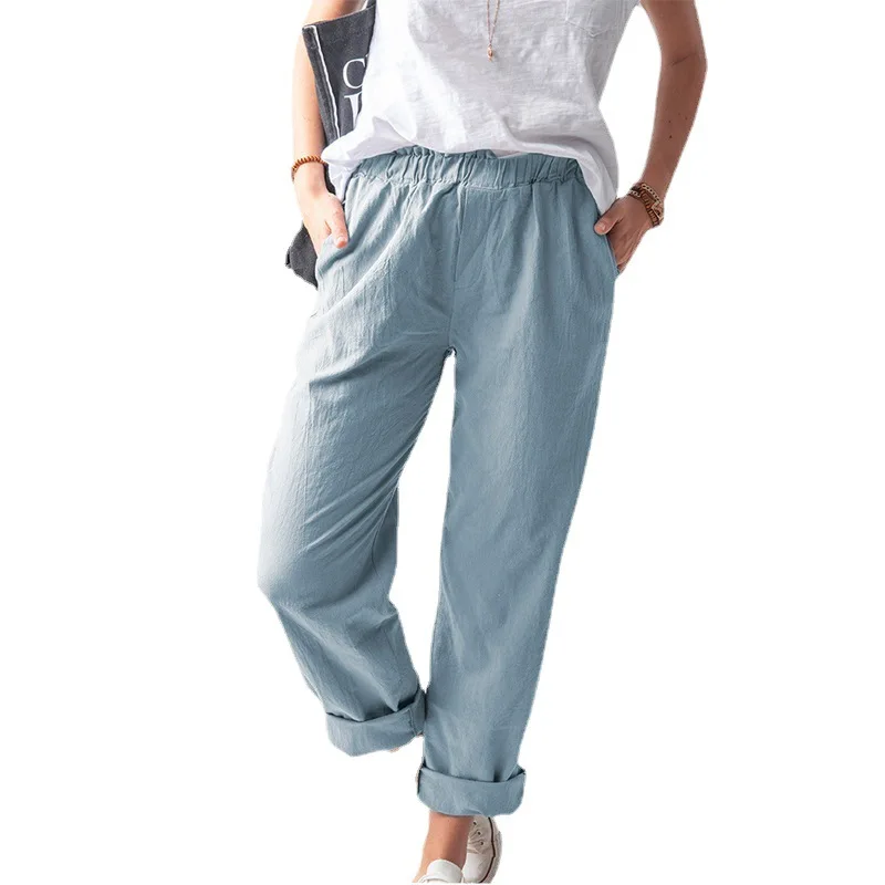 Women's Cotton Hemp Pants Solid Color Casual Elastic High-waisted Straight Trousers Women