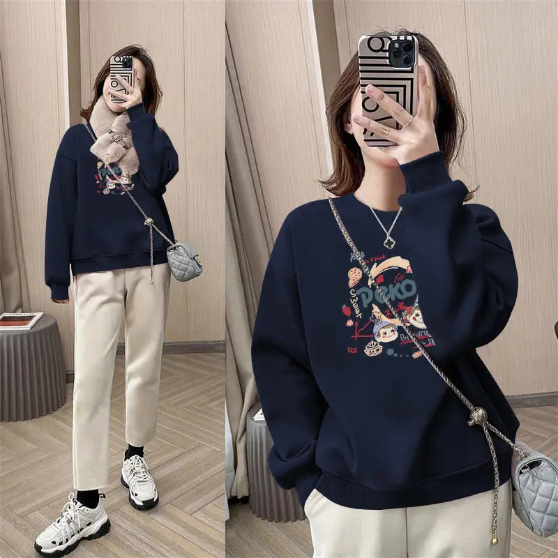 Fashion Solid Color Printing Cartoon Casual Sweatshirts Female Clothing 2023 Autumn Oversized Korean Tops All-match Sweatshirts