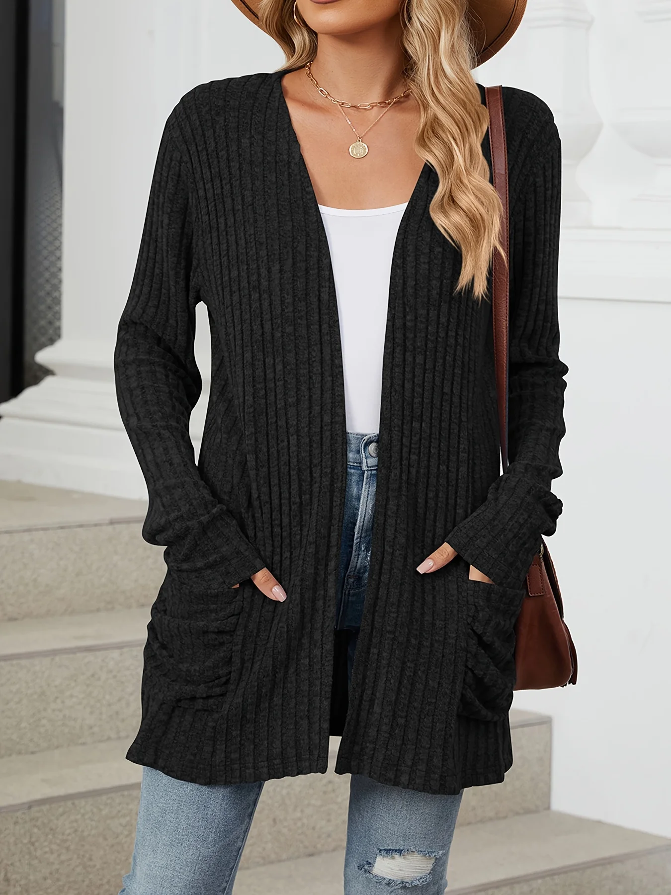 Plus Size Open Front Cardigan Casual Dual Taschen Langarm Cardigan für Herbst Damen Plus Size Kleidung – Detail 10