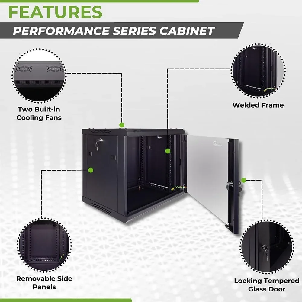 NEW-9U Server Cabinet Wall Mount Rack Enclosure Includes 2 Fans, Locking Glass Door, Removable Side Panels – 9U Network Cabinet