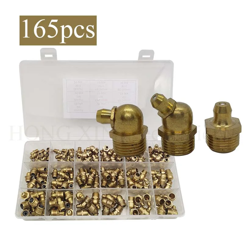 

165Pcs Metric Straight and 45 Degree and 90 Degree Hydraulic Grease Brass Zerk Grease Nipple Fitting M6 M8 M10 Kit