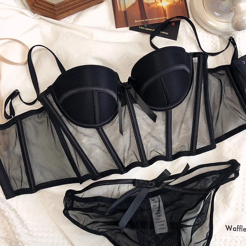 New French Underwear Long Body Shaping And Wearing Lace Gauze Gathered Bra Set Sexy Soft Steel
