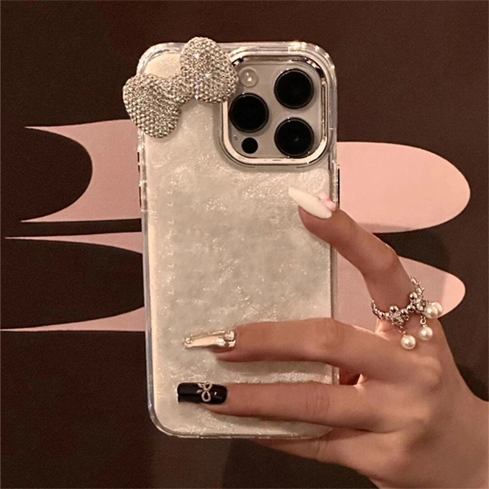 Custodia IPhone 14 Pro Max Con Fiocco 3D E Diamanti, Design Ondulato Riccio, Morbida Antiurto, Trasparente, Rosa - 3