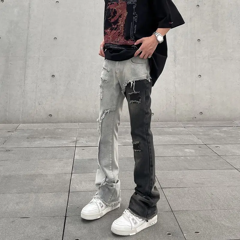 

Hip Hop Patchwork Black Jeans for Men Slim Fit Unique Y2k Streetwear Trendy Men Denim Jeans Gothic Punk Hole Design Mens Pants