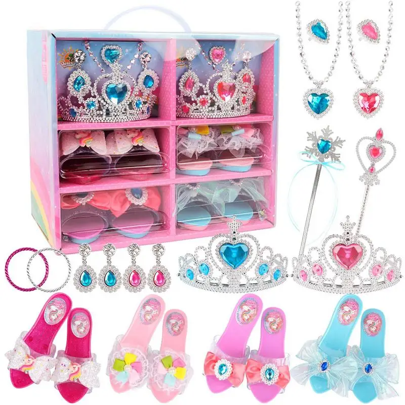 Princess Dress Up Shoes Jewelry Necklace Earrings Crown Wand Pretend Play Fashion Accessories Sets For Toddler Girls Gift Toy