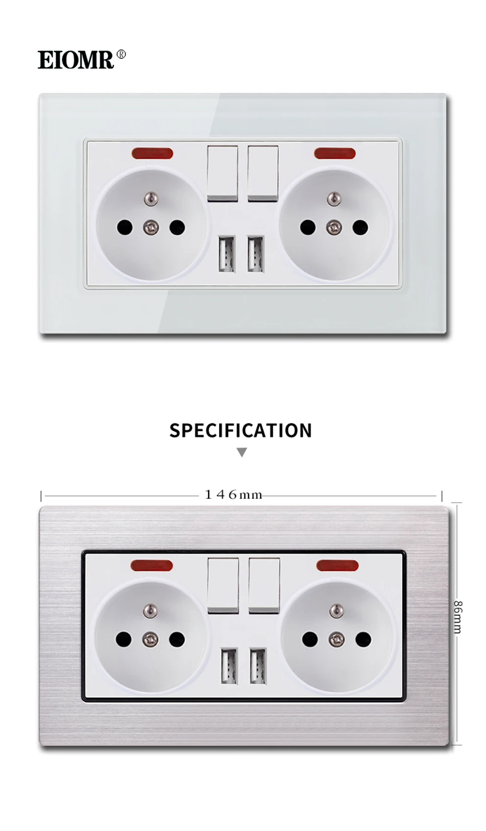 Description Picture 6 of itemEIOMR EU Electrical Sockets with USB 110~220V 16A Wall Power Socket with Light Switch No Need To Pull The Plug Home Decoration