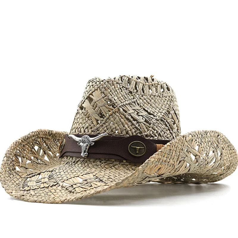 

Western Straw Hats Panama Cowboy Straw Women Men Summer Hat Jazz Caps Beach Windproof Rope Cap Out Shading Wide Brim Hat