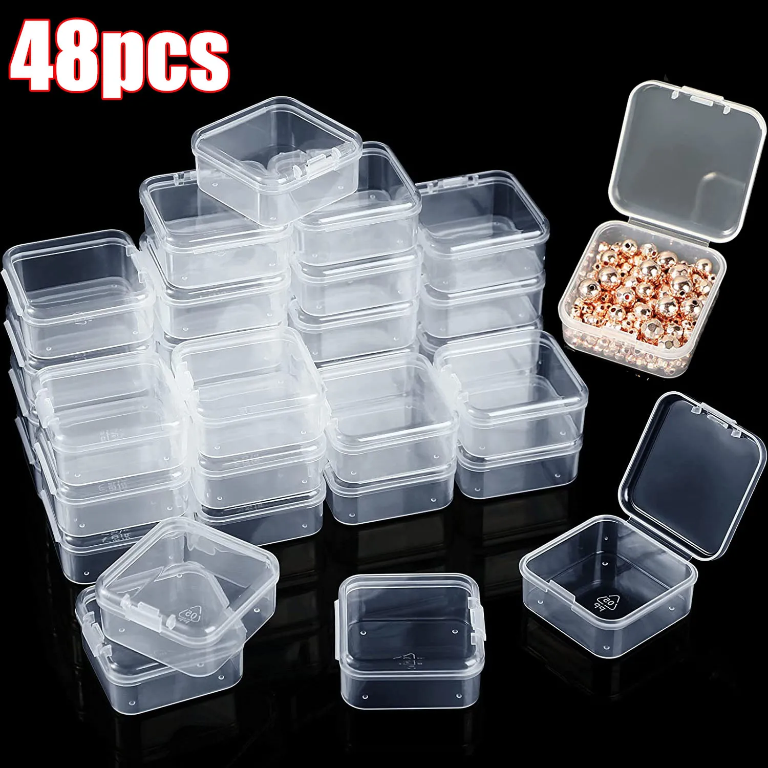 48pcs Small Transparent Box Clear Plastic Storage Boxes Containers with Lids Empty Hinged Cases for Beads DIY Craft Jewelry