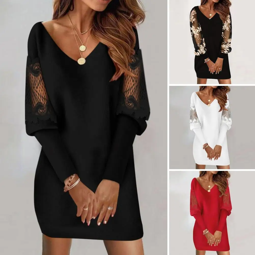 

Women Long Sleeve Dress Floral Lace Patchwork V Neck Mini Dress Elegant Women's Fall/spring Casual Lady Dress with See-through