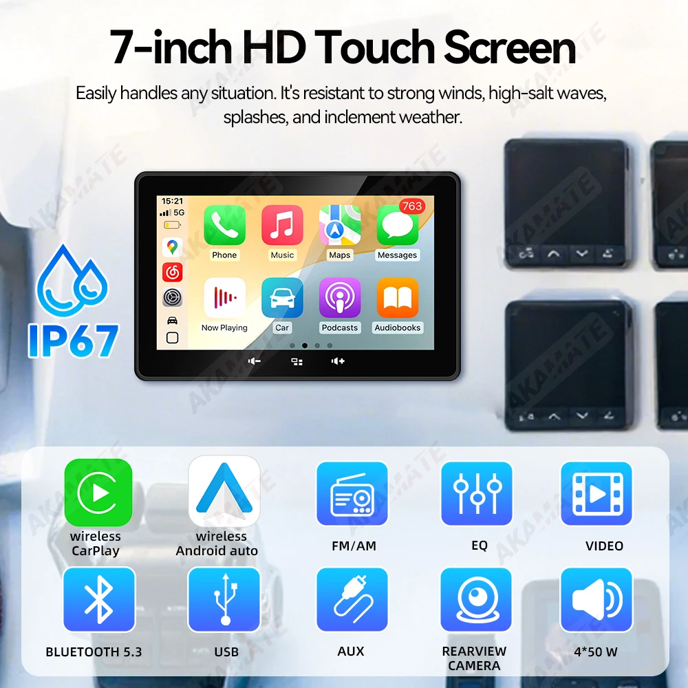 Radio marina de 7 pulgadas inalámbrica CarPlay Android Auto FM AM