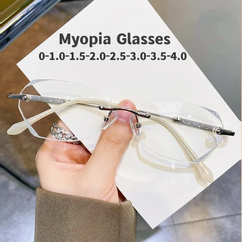 

Lady Women Luxury Myopia Glasses Trendy Diamond Cut Rimless Near Sight Eyeglasses Unisex Retro Vintage Minus Diopter Eyewear