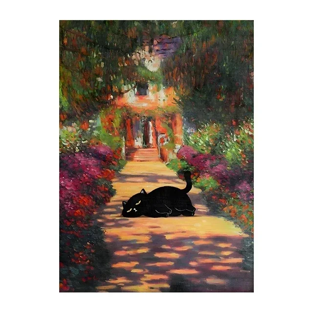 Whimsical Starry Night Cat Canvas Art - Colorful Abstract Floral Decor