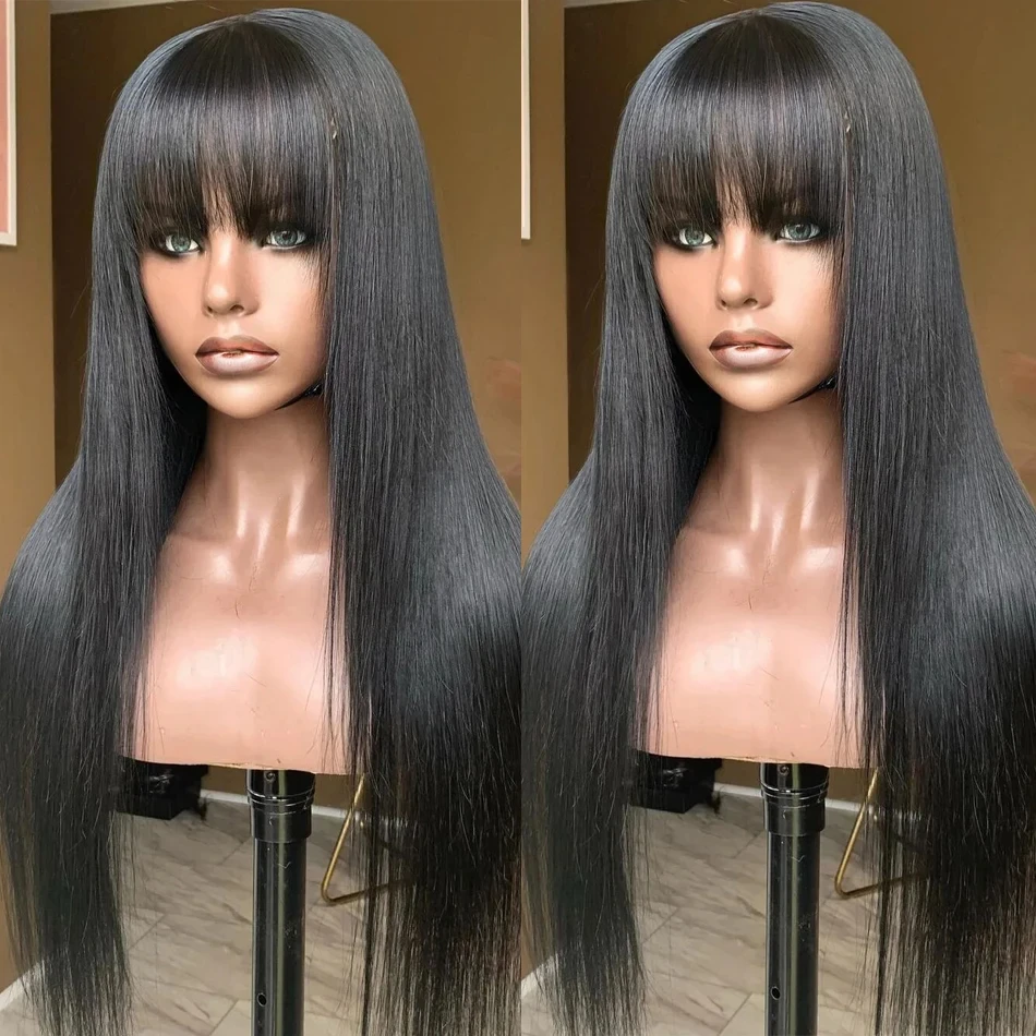 

3x1 HD Lace Closure Wigs With Bangs Glueless 30 Inch Bone Straight Full Machine Made Fringe Human Hair Natural Bob Wigs