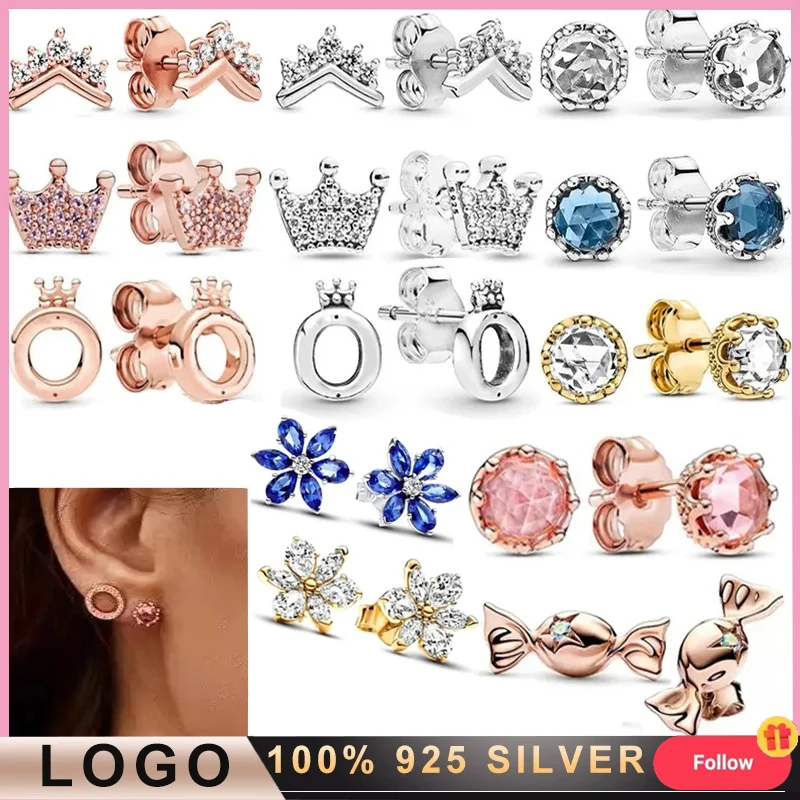 925 Silver Hot Selling Sparkling Transparent Gemstone Princess Crown Wishing Bone Women's Earrings Fashion DIY Jewelry Gifts