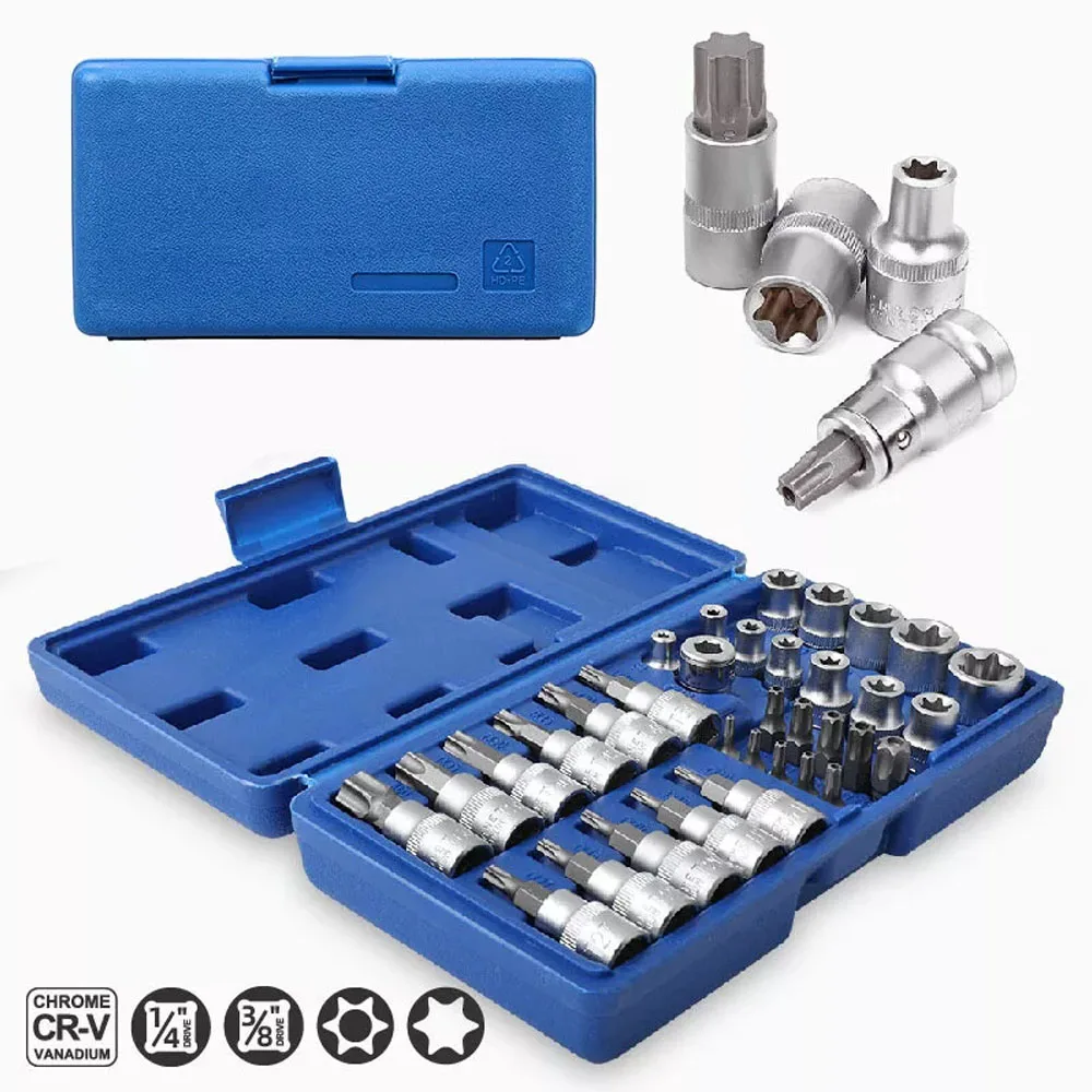 Professional 34pcs Torx Bit Socket & E-Torx Star Socket Set 1/4" 3/8" 1/2" Drive Male Female E-torx Bits Handheld Tool with Case 3