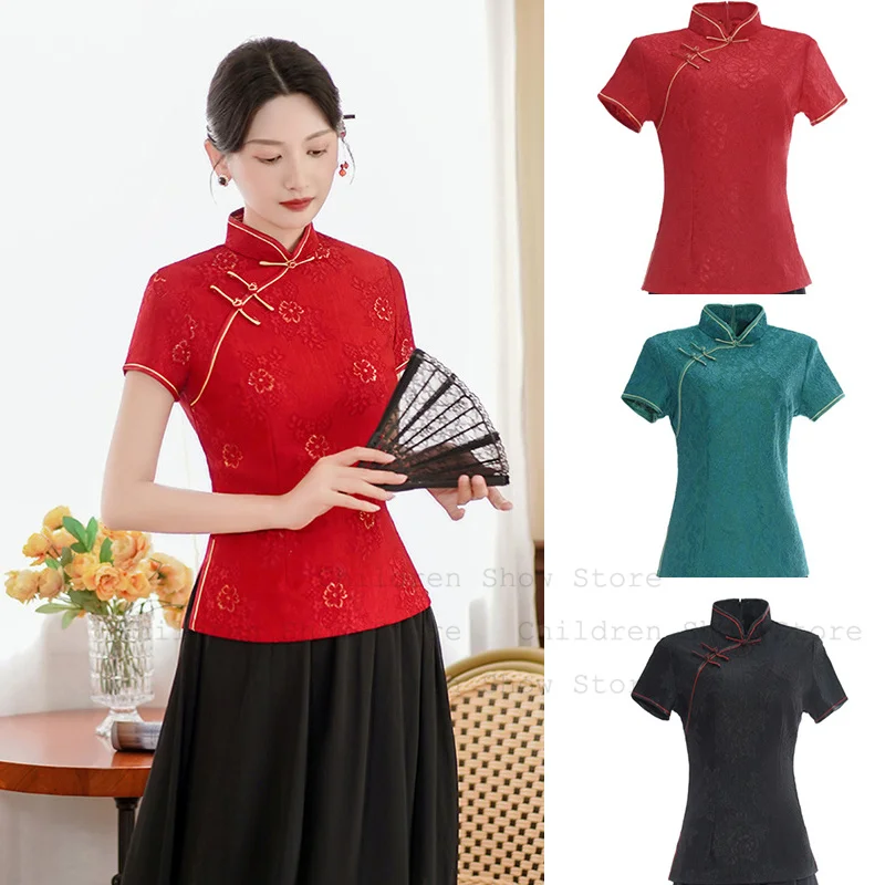 Chinese Style Qipao Top Lady Elegant Lace Flower Cheongsam Shirt Tradition Mandarin Collar Tang Clothes Short Sleeve Blouse