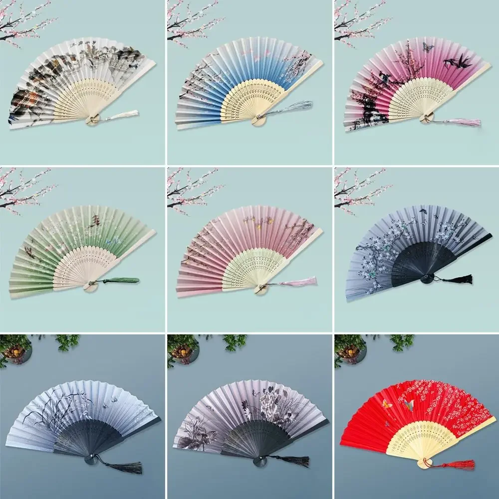 Elegant Silk Vintage Folding Fan with Colorful Tassel - Bamboo Hand Fan for Classical Dance and Home Decor