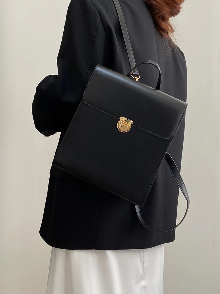 Vintage Women Backpack PU Leather Shoulder Bags for female  black Backpacks for Teenage Girls briefcase bags Daypack bagpack 6