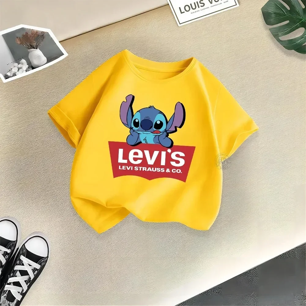 

Disney Kids Comfortable Cotton T-shirt Lively Stitch Boys Girls Round Neck T-shirt Street Fashion Casual Boys Girls Clothing