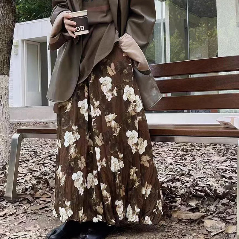 Autumn Maternity Long Floral Skirt High Waist Fashion Printing Pregnant Woman Chiffon A-line Belly Skirt Pregnancy Pleated