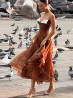 Robe de bal chic en mousseline pour femme, élégante, à fines bretelles, ourlet à volants, coupe trapèze, pour l'été 2026, idéale pour mariage et soirée 3