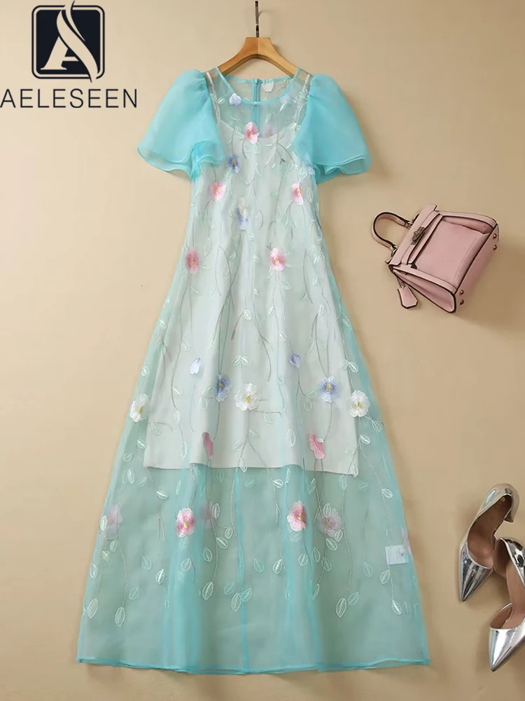 

AELESEEN Runway Fashion Women Summer Dress Mesh Flare Sleeve Blue Flower Embroidery See-through Long Party Holiday