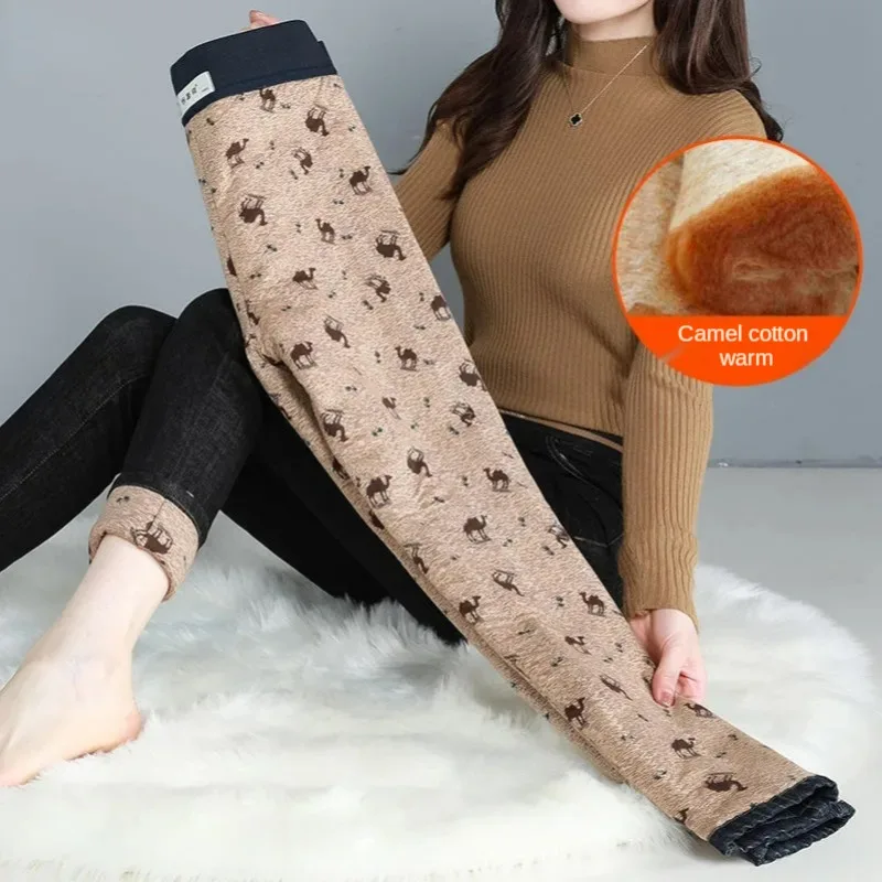 

Women Winter Thicken 95% Camel Down Pencil Jeans Streetwear High Waist Warm Slim Denim Pants Casual Snow Wear Cowboy Trousers