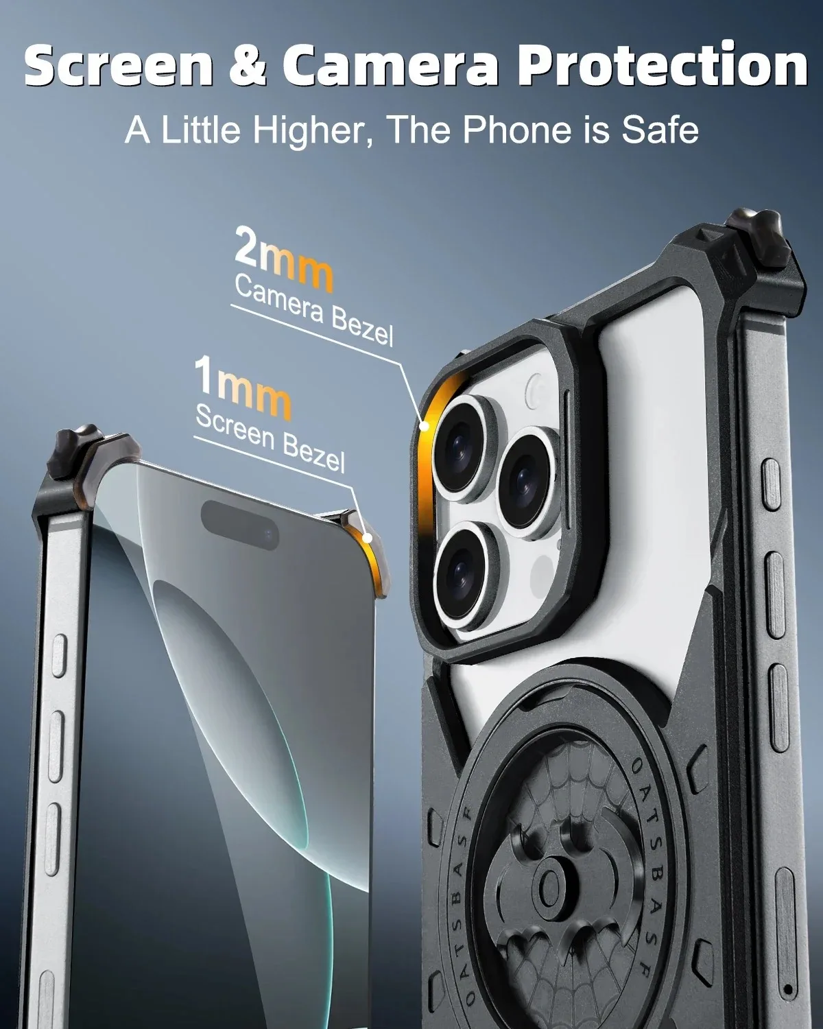 Eary for iPhone 16 Pro Max Bat Frameless Phone Case With Magnetic 360° Rotatable Kickstand Metal Shockproof Bumper Slim Covers