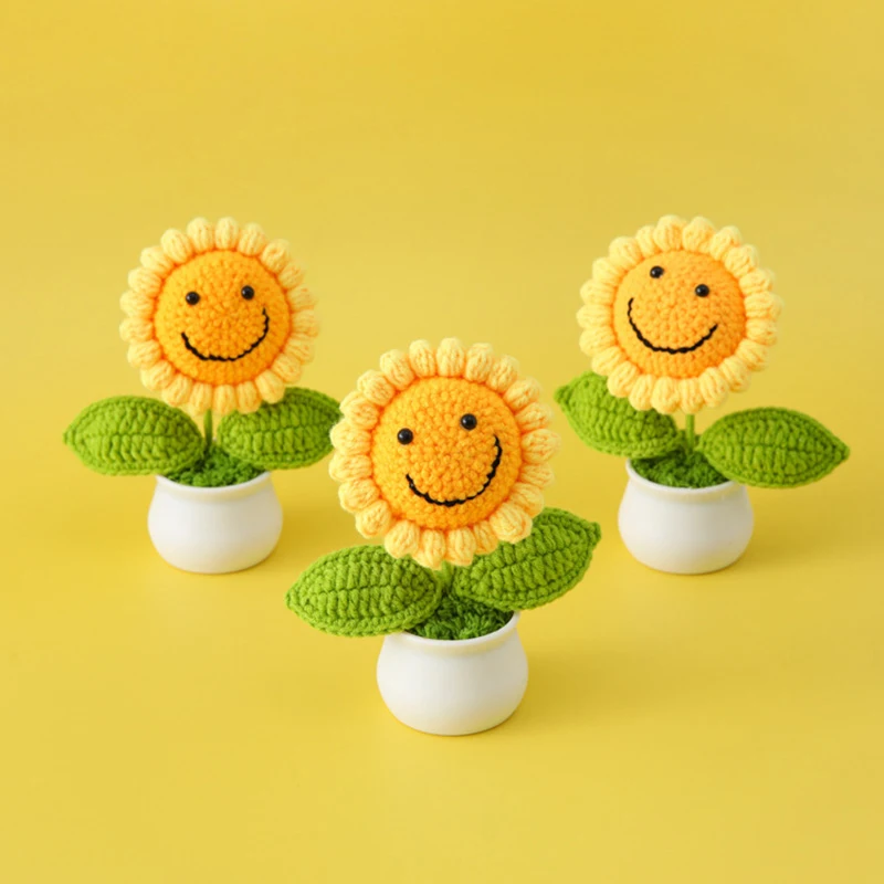 

Hand-Crochet Smiling Sunflower DIY Handwoven Pot Flower Plant Cute Handmade Gift Home Décor Desktop Tabletop Display Ornaments