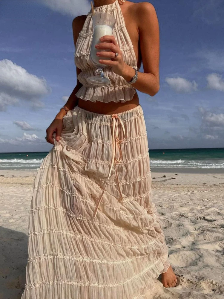 Pleated Crop Tops Long Skirt Suit Women Halter Sleeveless Backless Skirts Set 2024 Summer Ladies Sexy 2 Piece Set Beach Outfit