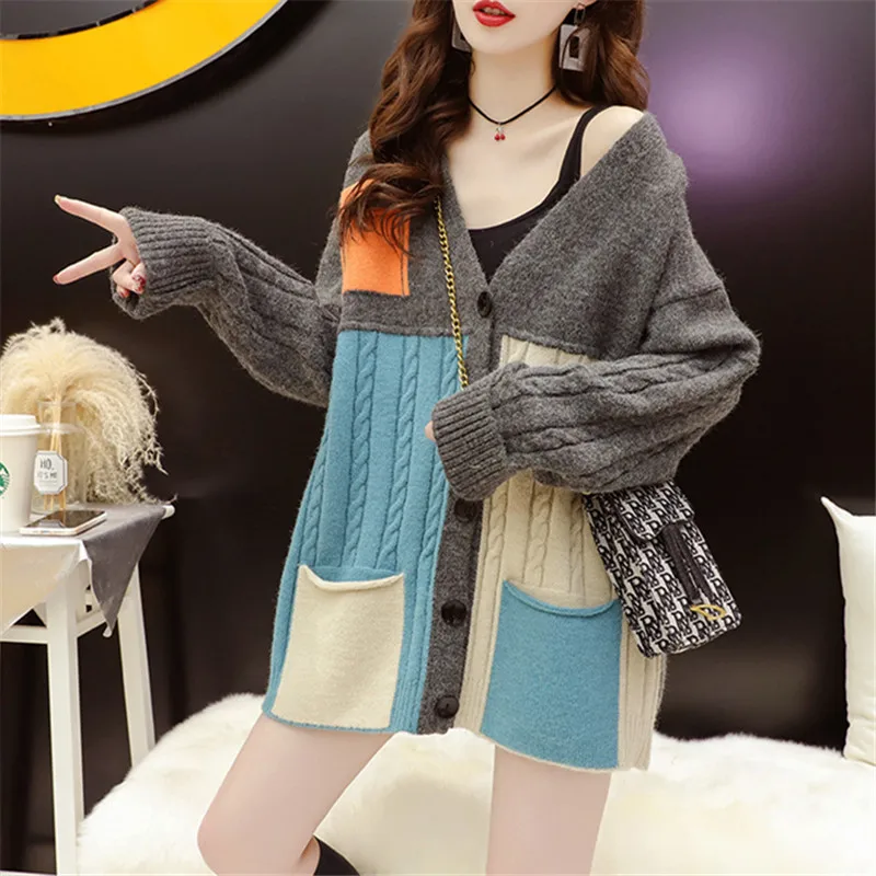 Loose Cardigan Jumpers Ladies Patchwork 