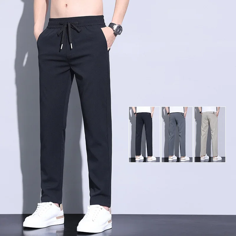 

2024 Summer New Thin Bark Wrinkled Ice Silk Casual Pants For Men's Black Elastic Waist Drawstring Grey Pants