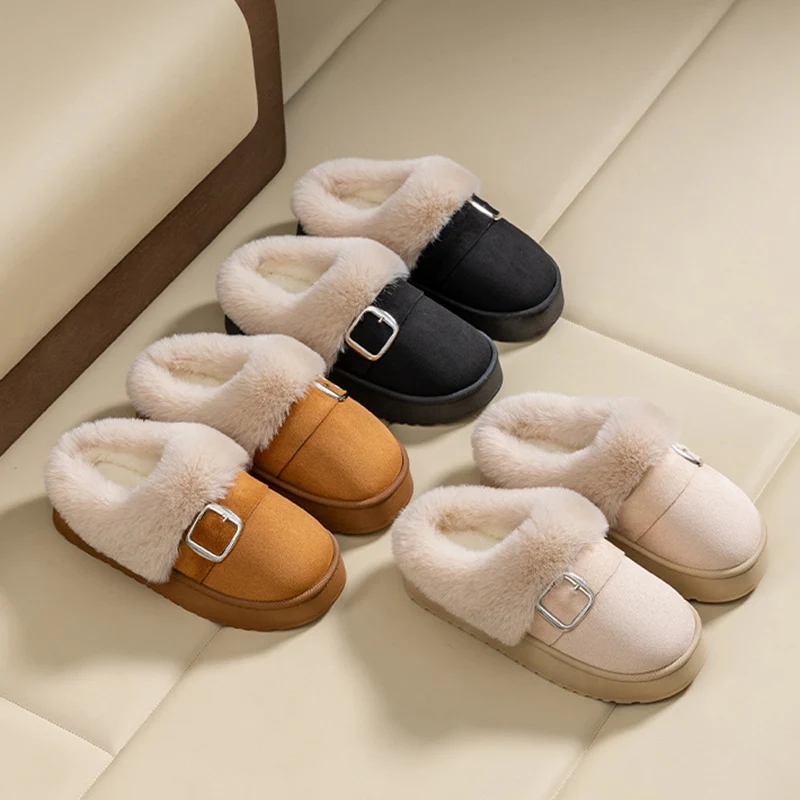 Khaki Faux Suede Fluffy Slippers Women Round Toe Thick Bottom Fur Slippers Woman Comfortable Warm Indoor Bedroom Shoes Ladies