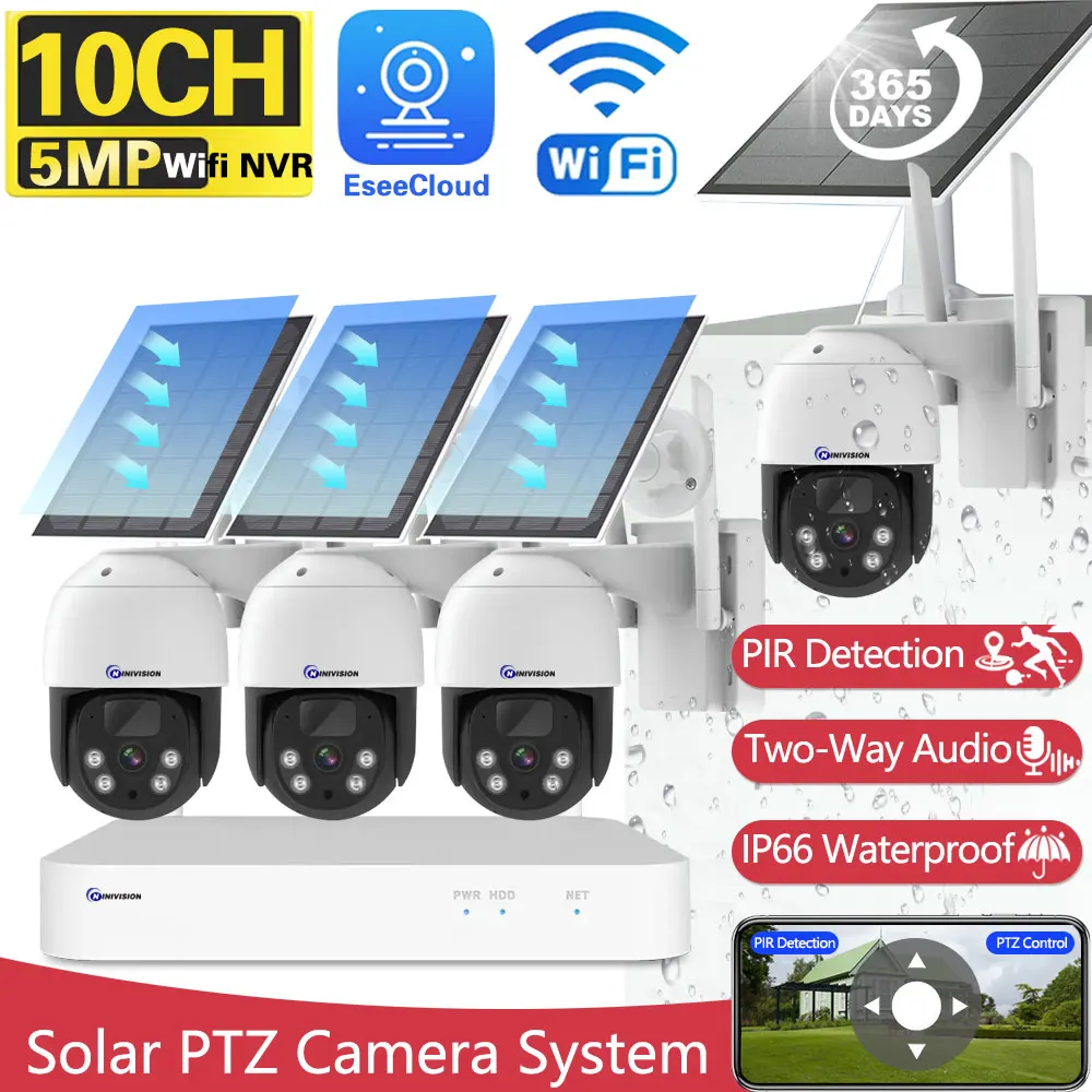 

5MP 10CH WiFi NVR 100% Wire-Free Solar PTZ Home Security Battery Auto Tracking 4MP Camera System Wireless CCTV Surveillance Set